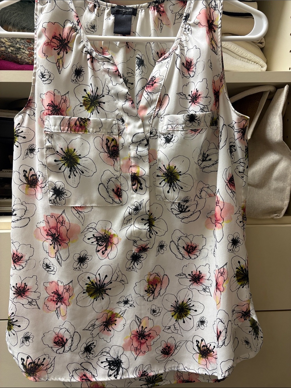 Ann Taylor White Floral Sleeveless Blouse with Pink and Yellow Accents